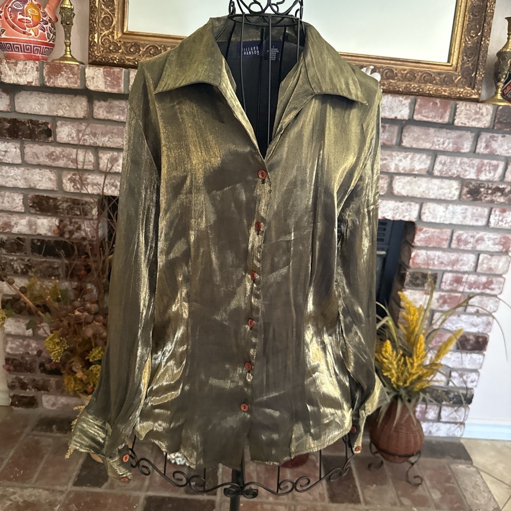 Vintage Hillard And Hanson Large Metallic Gold Iridescent Button Shirt Blouse